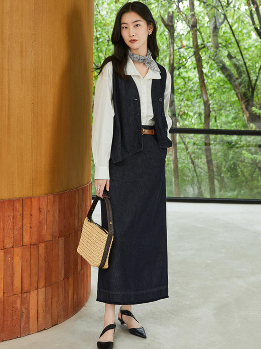 复古深蓝牛仔马甲 春季新款 V 领不规则下摆宽松显瘦外搭背心 商品图1