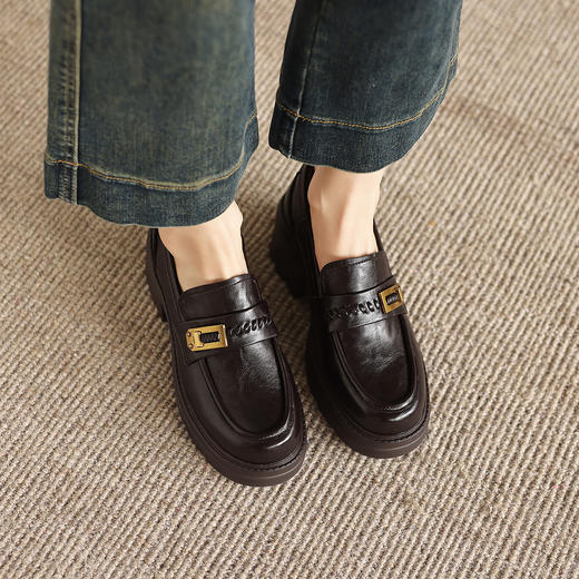 阿么手工女鞋百搭休闲一脚蹬真皮乐福鞋新款复古厚底小皮鞋6.5CM 商品图4