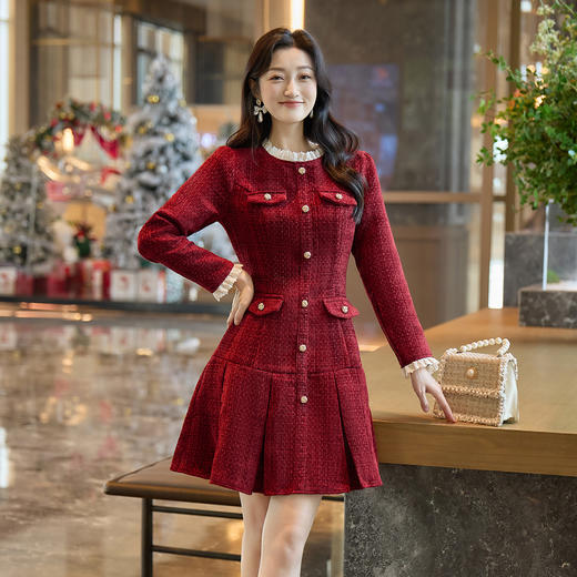 奢姿大码女装2025冬季时尚撞色圆领连衣裙胖妹妹气质显瘦通勤长裙9954854019 商品图2