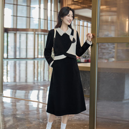 奢姿大码女装2025冬季时尚拼撞色翻领连衣裙胖妹妹气质显瘦裙子9954954042 商品图0