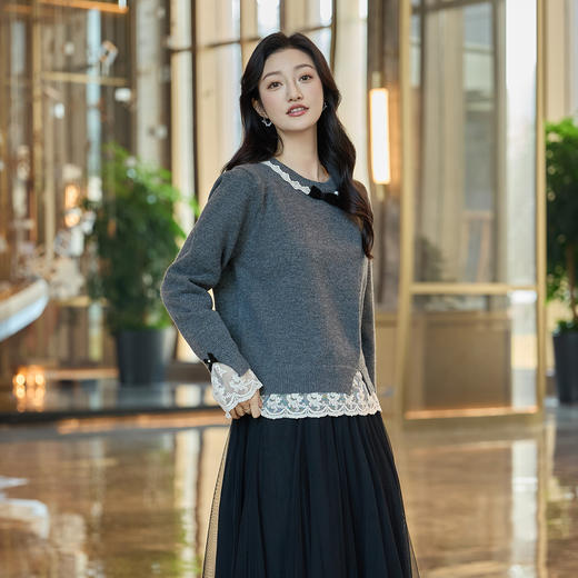 奢姿大码女装2025冬季时尚蕾丝设计圆领针织衫胖妹妹气质减龄上衣9854670713 商品图2