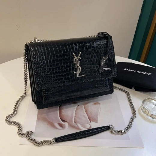 Ysl Sunset 黑银 鳄鱼压纹牛皮 中号 日落包 商品图0