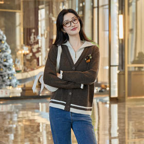 奢姿大码女装2025冬季时尚撞色海军领针织开衫胖妹妹气质休闲上衣9854670750