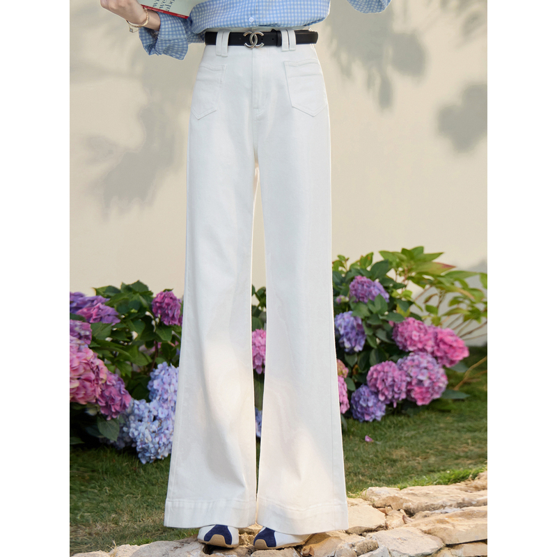 鹿向南「清欢漫行」简约白色高腰直筒牛仔裤女春季显瘦阔腿长裤子