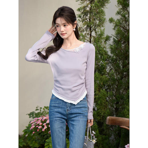 鹿向南「紫蕊春晞」灰紫色假两件长袖T恤女春小众设计感百搭上衣 商品图2