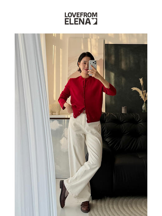 100%羊毛  新年氛围感花边小圆领针织开衫 商品图3