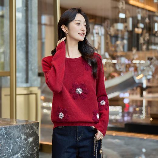 奢姿大码女装2025冬季胖妹妹时尚花朵装饰针织衫气质甜美显瘦上衣9854635277 商品图1