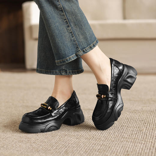 阿么手工女鞋英伦风一脚蹬圆头乐福鞋女款松糕底真皮小皮鞋6.5CM 商品图2