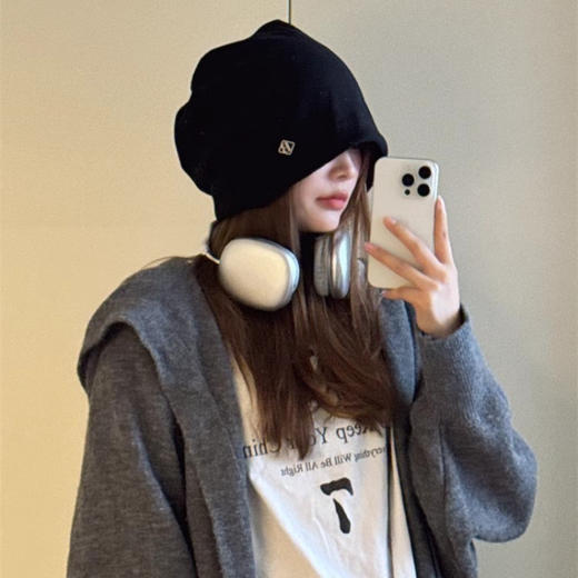 【保暖舒适❗️甜酷慵懒风】堆堆帽子女秋冬季金属标日系德绒时尚显脸小护耳大头围套头包头帽。jc 商品图2