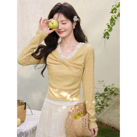 鹿向南「仙境之森」黄色假两件长袖t恤女春掐腰显瘦修身短款上衣