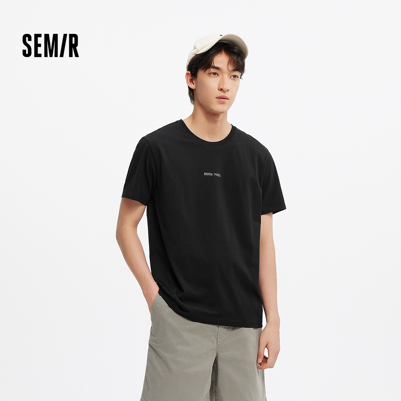 森马短袖T恤男夏季修身内搭百搭基础圆领上衣休闲字母印花针织衫