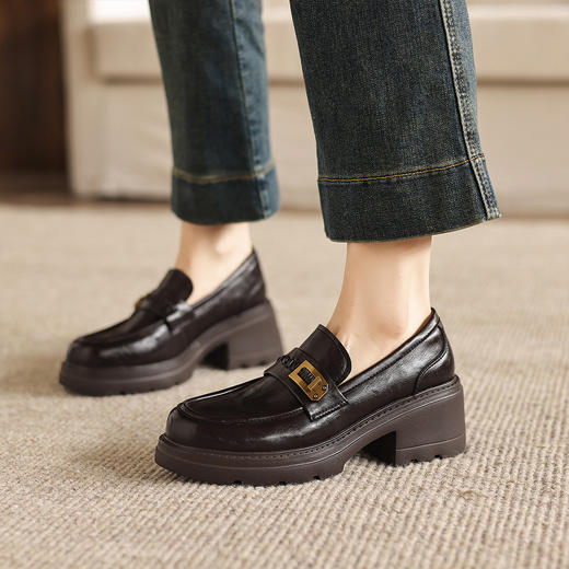 阿么手工女鞋百搭休闲一脚蹬真皮乐福鞋新款复古厚底小皮鞋6.5CM 商品图2