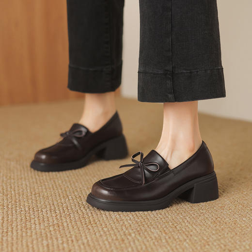 阿么手工女鞋蝴蝶结粗跟小皮鞋女款软皮软底真皮百搭乐福鞋5.8CM 商品图2