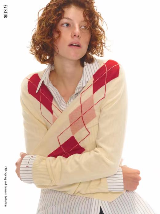 Evistub girls/E-6CMY1763/撞色菱格纹正肩羊毛开衫 商品图2