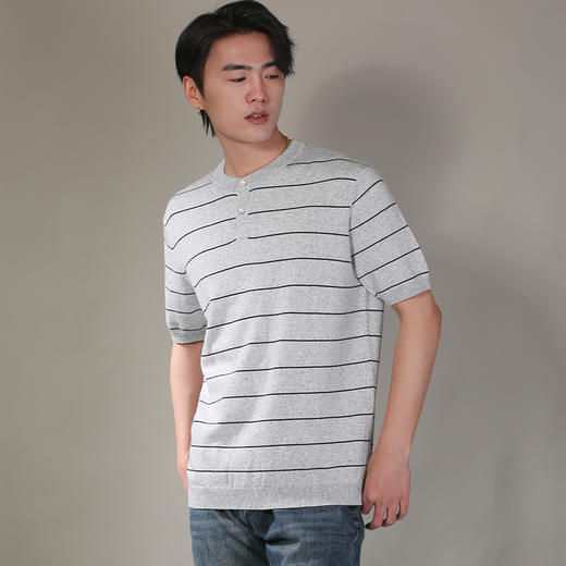 DRONKOO 2026 圆领开两粒扣细宽条纹花纱修身短袖薄毛衣 商品图3