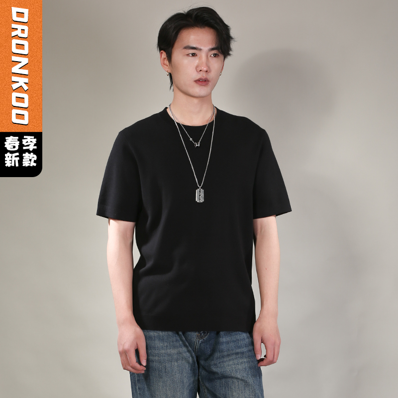 DRONKOO 2026 圆领领口下摆里边撞色净版修身短袖薄毛衣