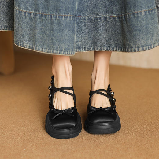 阿么手工女鞋浅口双排扣蝴蝶结玛丽珍鞋子厚底7CM学院风增高百搭 商品图2