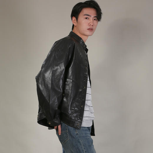 DRONKOO 2026 立领前复古铜扣仿油蜡亮皮中厚皮衣 商品图1