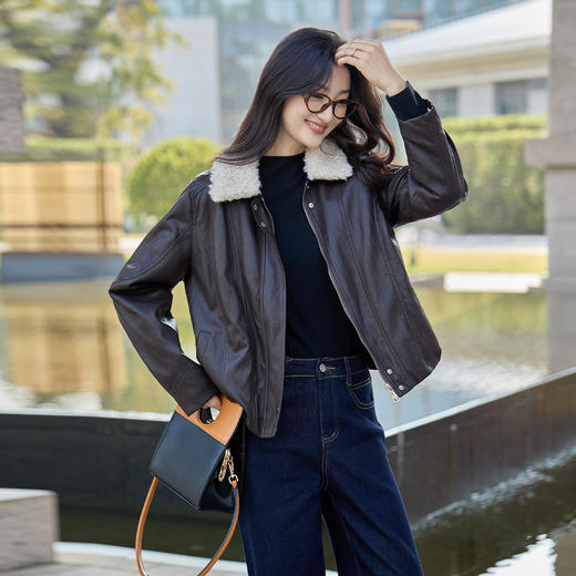 奢姿大码女装2025冬季时尚毛领皮衣外套胖妹妹气质酷飒显瘦上衣9954391091 商品图0