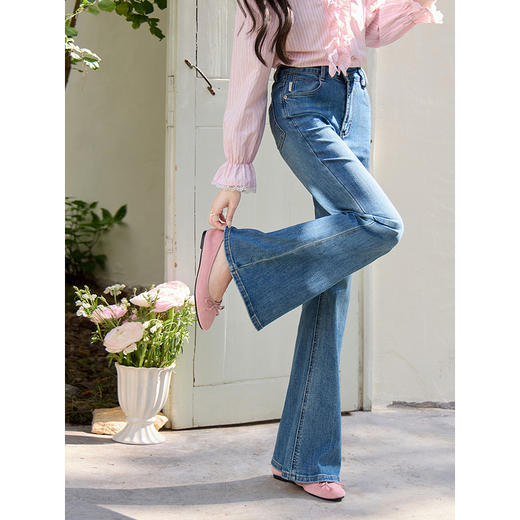 鹿向南「素净蓝调」蓝色复古修身牛仔裤女春季小个子高腰微喇裤 商品图1