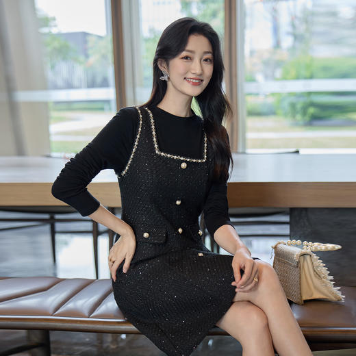 奢姿大码女装2025冬季胖妹妹时尚粗花呢方领吊带裙气质通勤长裙9953870272A 商品图2