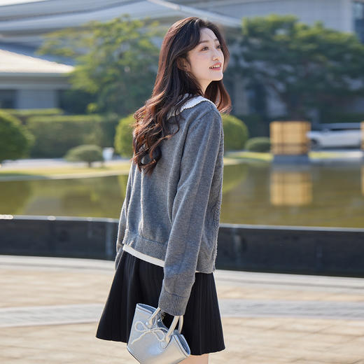 奢姿大码女装2025冬季胖妹妹时尚蕾丝撞色针织衫气质减龄显瘦上衣9854654058 商品图3