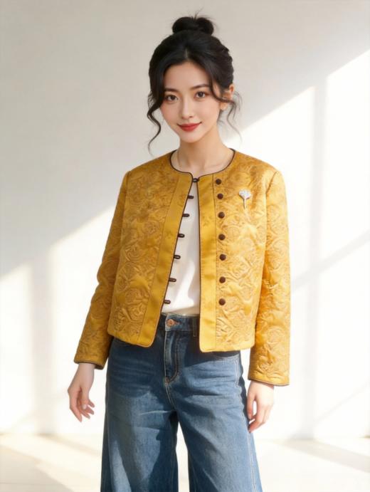 SZ6R15_明黄色/庭芜绿色_外套_秋冬_新中式圆领对襟一字盘扣暗纹提花绗_高级女装_BERNIEELEN 伯妮斯茵 商品图0