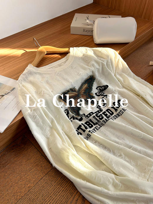 专柜实拍【时髦精BI入】拉夏贝尔/La Chapelle圆领撞色蝴蝶字母长袖T恤~显瘦遮肉打底衫 商品图4
