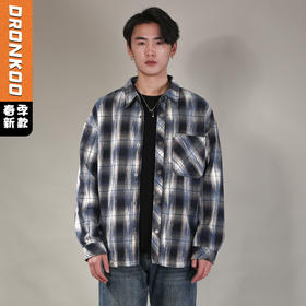 DRONKOO 2026 翻领左金属标贴袋撞色格纹中厚衬衣外套