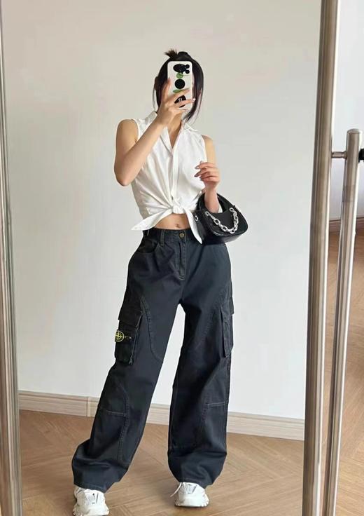 F012457新款美式高街碳素水洗直筒大口袋工装裤子可调节腰带长裤 商品图7