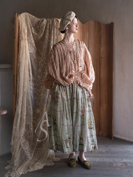 Mutedance 杏粉色真丝肌理褶皱系带上衣 商品图1