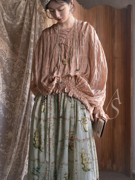 Mutedance 杏粉色真丝肌理褶皱系带上衣 商品图3