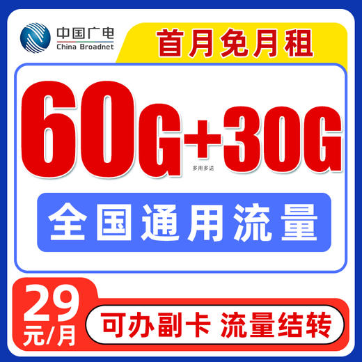 广电长期手机卡29元/月60G全国流量+多用多送30G 商品图0