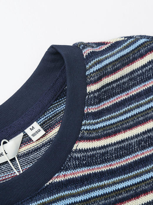 混彩条纹针织 T 恤女 2026 春夏装新品 藏青色肌理感短袖显瘦上衣 商品图2