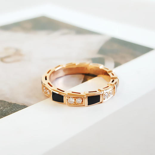 【95新】BVLGARI宝格丽Serpenti Viper系列356545玫瑰金镶钻镶黑玛瑙蛇骨戒指54号女士 100126AK20 商品图3