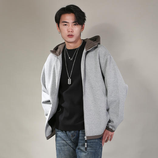 DRONKOO 2026 连帽帽子下摆袖口撞梭织料针织中厚开衫 商品图2