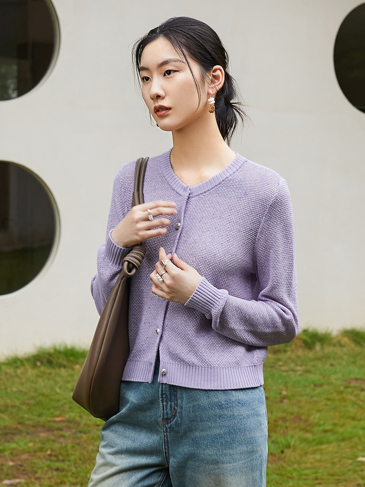慵懒风浅紫针织开衫 春季新款圆领宽松显瘦空调衫外搭