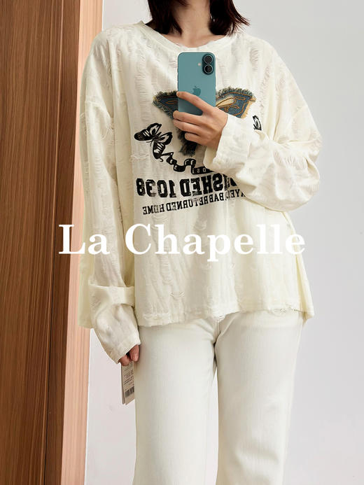 专柜实拍【时髦精BI入】拉夏贝尔/La Chapelle圆领撞色蝴蝶字母长袖T恤~显瘦遮肉打底衫 商品图3