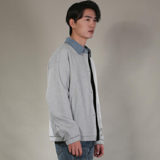 DRONKOO 2026 翻领牛仔拼领金属扣针织中厚开衫 商品图1