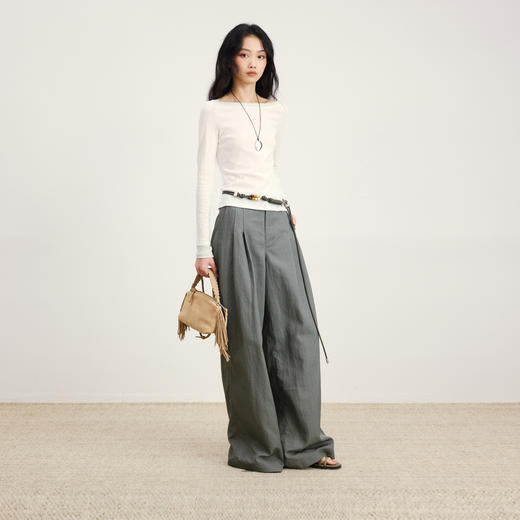 lost in echo2026年春季新款休闲百搭扣袢叠褶宽松阔腿及地长裤女 商品图0