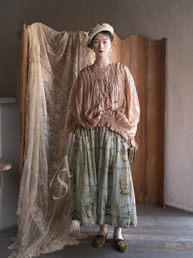 Mutedance 杏粉色真丝肌理褶皱系带上衣