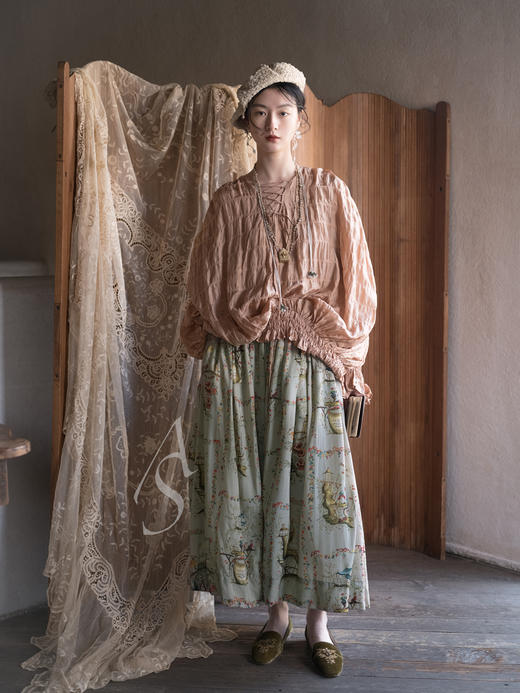 Mutedance 杏粉色真丝肌理褶皱系带上衣 商品图0