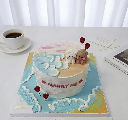 海边的线条狗情侣求婚订婚情人节七夕卡通手绘蛋糕-低糖处理无添加 商品图0