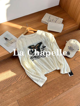 专柜实拍【时髦精BI入】拉夏贝尔/La Chapelle圆领撞色蝴蝶字母长袖T恤~显瘦遮肉打底衫