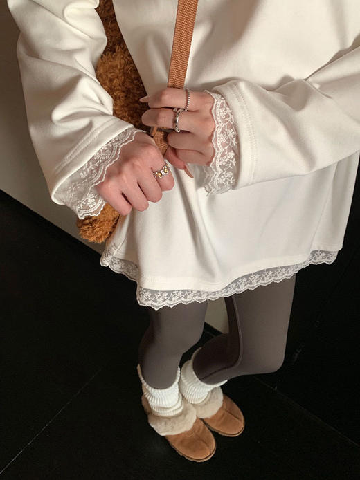 【YW】无忧购拼接蕾丝暖绒加厚百搭宽松慵懒保暖圆领大白长袖T（截单后3-5天发货) 商品图11