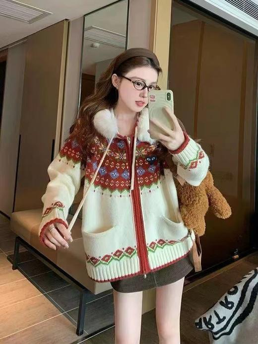 F012419甜酷风的费尔岛提花连帽针织开衫短款宽松连帽设计外套 商品图2