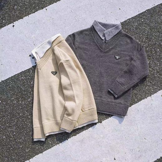 F012408新款慵懒风复古老钱风假两件v领翻领毛衣 商品图1