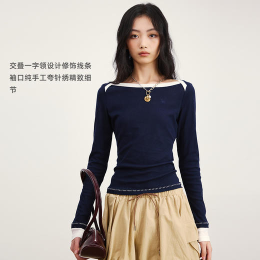 lost in echo2026年春季新款交叠一字领长袖修身显瘦拼色上衣女 商品图1