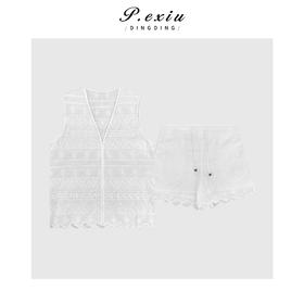 04-3潘依绣丁丁宠粉度假风宽松V领镂空马甲短裤套装Q66941