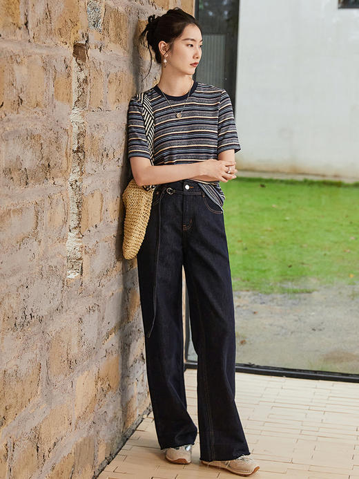 抽绳翻边毛边牛仔裤女 2026 春装新品 原色深蓝高腰显瘦九分阔腿裤 商品图1